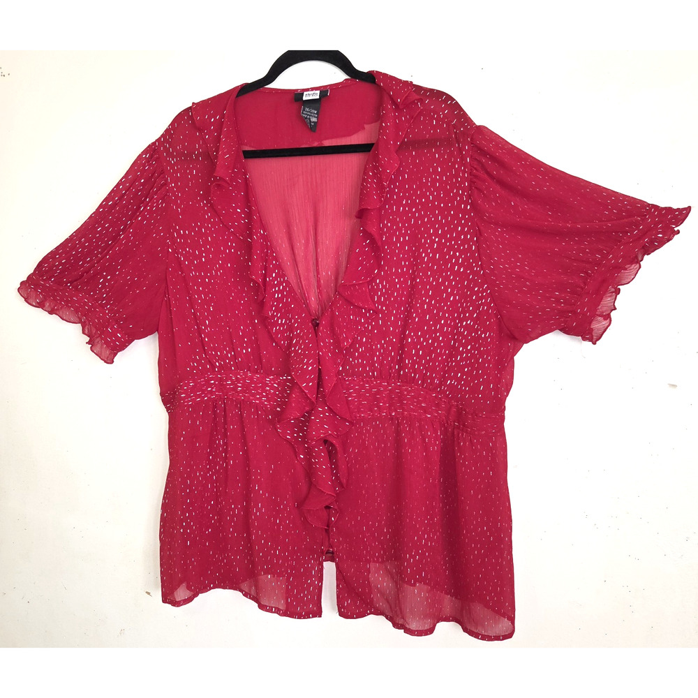 Studio 1940 Sheer Red Blouse Top Plus 26/28W Sparkly Silver Festive Ruffles 90s